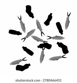 A vector of a collection of dead fish scattered with scattered bottles and plastic waste. A concept for a movement to clean up plastic waste.