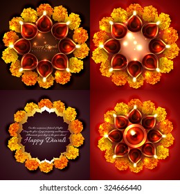 colección vectorial de diwali diya decorada con ilustración de fondo de flores