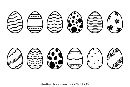 Vector Collection of decorated Easter eggs in doodle style isolated on white background. Bundle of outlined icons with different pattern for spring holiday with various ornaments