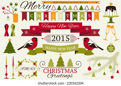 Vector collection of decorative Christmas and New year's elements and illustrations for holiday greeting card or invitation design.