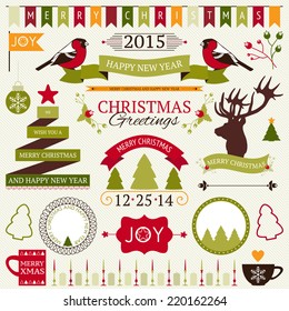 Vector collection of decorative Christmas and New year's elements and illustrations for holiday greeting card or invitation design.