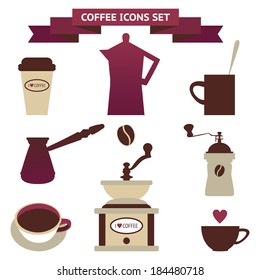 Vector collection of decorative coffee icons. Retro silhouettes  on white background