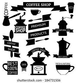 Vector collection of decorative coffee icons. Black silhouettes on white background