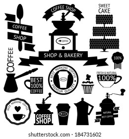 Vector collection of decorative coffee icons. Black silhouettes on white background