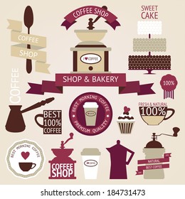 Vector collection of decorative coffee sticker and banner. Retro coffee silhouettes on aged background