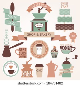 Vector collection of decorative coffee sticker and banner. Retro coffee silhouettes on aged background