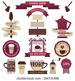 Vector collection of decorative coffee sticker and banner. Retro coffee silhouettes on white background