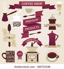 Vector collection of decorative coffee sticker and banner. Retro coffee silhouettes on aged background