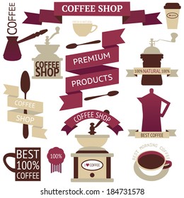 Vector collection of decorative coffee sticker and banner. Retro coffee silhouettes on white background