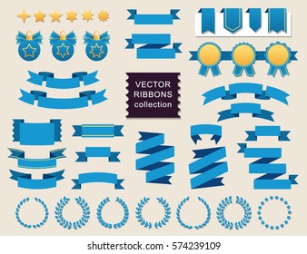 Vector collection of decorative design elements - ribbons, frames, stickers, labels. Illustrations of gift and accessory. Celebration decorations, banners and stickers.