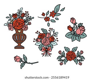 A vector collection of decorative floral bouquets and arrangements with red and pink roses, green leaves, and intricate details. Isolated on a white background.