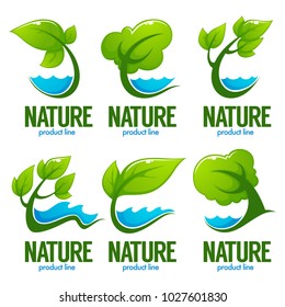 vector collection of decorative green leaves, trees and blue waters for your logo, label, emblems