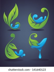 vector collection of decorative green leaves and blue water, forms and emblems on dark background