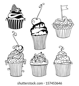 Vector collection of decorative hand drawn sweet cupcakes isolated on white