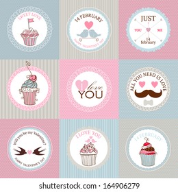 Vector collection of decorative hand drawn sweet cupcakes illustrations for valentines day design.