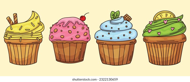 Vector collection of decorative hand drawn sweet cupcakes illustrations 