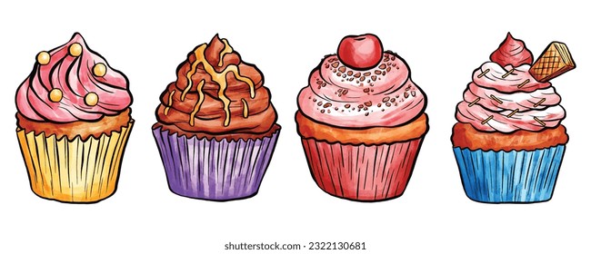 Vector collection of decorative hand drawn sweet cupcakes illustrations 