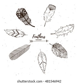  Vector collection decorative hand drawn feathers. Vector decorative elements hippie. Ink illustration.