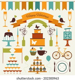 Vector collection of decorative holiday design elements - ribbons, frames, borders, stickers, labels and flags. Vintage set for greeting card or invitation