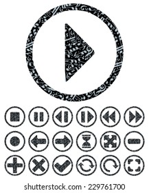Vector collection of decorative multimedia user interface buttons isolated on white background, circle pictograms filled with musical notes.  