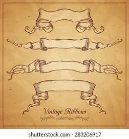 Vector collection of decorative ribbons. Vintage design elements. Ink illustration. Paper texture.