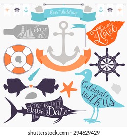 Vector collection decorative sea elements for wedding or valentines day design. Vintage icons in sea or beach style isolated on white