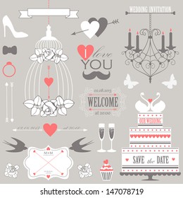 Vector collection of decorative wedding design elements. Vintage set of holiday objects and signs.