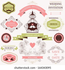 Vector collection of decorative wedding design elements. Vintage set of holiday objects and signs.