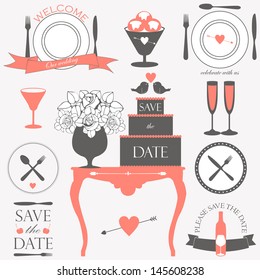 Vector collection of decorative wedding and dinner elements and signs. 