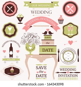 Vector collection of decorative wedding dinner elements. Artistic decoration for wedding table