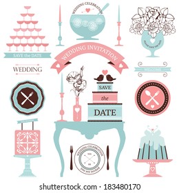 Vector collection of decorative wedding dinner elements. Artistic decoration for wedding table