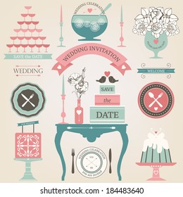 Vector collection of decorative wedding dinner elements. Artistic decoration for wedding table