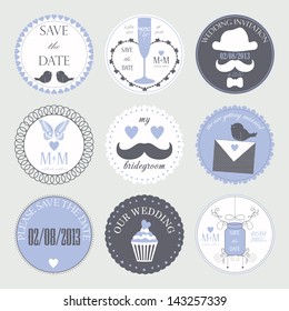 Vector collection of decorative wedding icons in lavender colors.