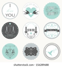 Vector collection of decorative wedding stickers in retro colors.