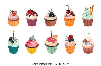 Vector collection of delicious cupcakes and sprinkles muffins with berries isolated on white background. Beautiful illustration with hand drawn texture