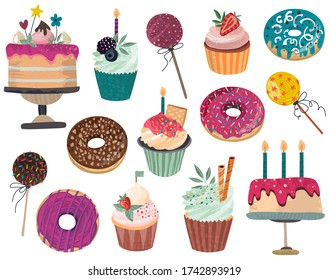 Colección vectorial de deliciosos postres - donuts, pasteles, pasteles, copas de pasteles aisladas en fondo blanco. Hermosos objetos gráficos coloridos con textualidad dibujada a mano