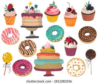 Vector collection of delicious dessert - donuts, cake, cupcakes, cake pops isolated on white background. Beautiful colorful graphic objects with hand drawn textute