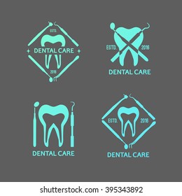 Vector collection of dental care logos. Tooth, dental tools elements.