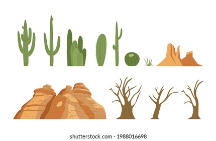 Vector Collection Of Desert Landscape Elements Cactus, Dried Trees, Sand Rocks. Isolated On White.