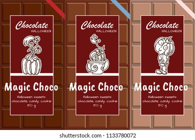 Vector collection of design for chocolate bar packages, Halloween sweets, candies, cookies. Kawaii hand drawing illustrations for dark, milk, almond. Suitable for label tag, stickers