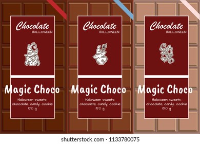 Vector collection of design for chocolate bar packages, Halloween sweets, candies, cookies. Kawaii hand drawing illustrations for dark, milk, almond. Suitable for label tag, stickers