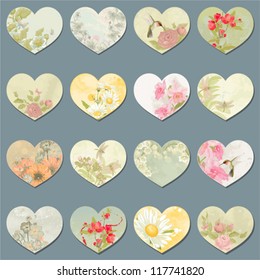 Vector collection of design retro hearts with flowers, butterflies, dragonflies and birds