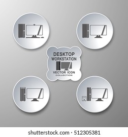 Vector collection of desktop workstation icons in gray and white with shadows on gradient background.