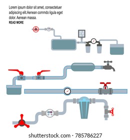 Vector Collection of detailed Construction Pieces: pipes, fittings, gate valve, faucet,filtres.