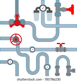 Vector Collection of detailed Construction Pieces: pipes, fittings, gate valve, faucet,filtres.