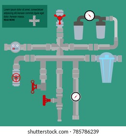Vector Collection of detailed Construction Pieces: pipes, fittings, gate valve, faucet,filtres.