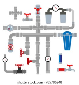 Vector Collection of detailed Construction Pieces: pipes, fittings, gate valve, faucet,filtres.