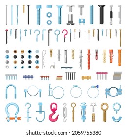 Vector collection of detailed fasteners and screws. Details for repair and construction isolated on a white background.