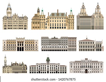 vector collection of detailed isolated city halls, palaces, edifices and other city skyline architectural elements