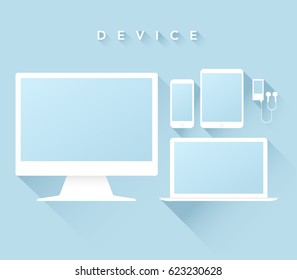 Vector collection devices: laptop, phone, player, monitor, tablet. 